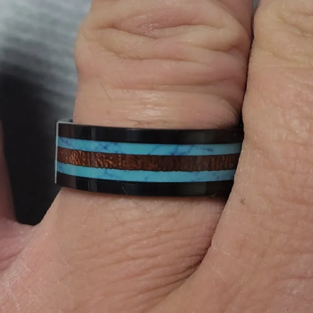 Personalized Engraved Men's Turquoise and Koa Wood Wedding Ring Band